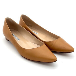 Manolo Blahnik Pointed Toe Leather Ballet Flat Camel Nude EU 39.5 Italy